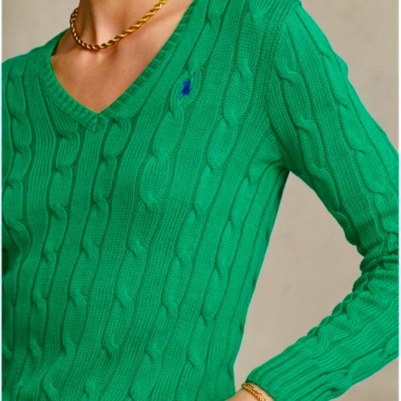 RALPH LAUREN Classic Green Cable Knit V-Neck Sweater Purple Polo Pony Sz XL NEW! - Picture 7 of 12